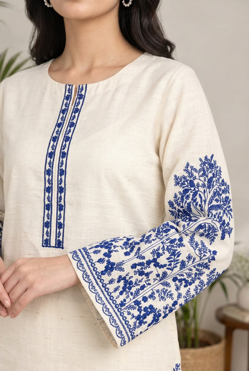 Blue embroidery close-up