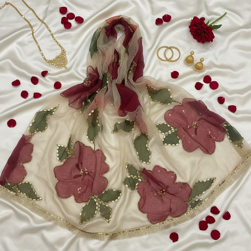 Dupatta Flat Lay - Rose Petals