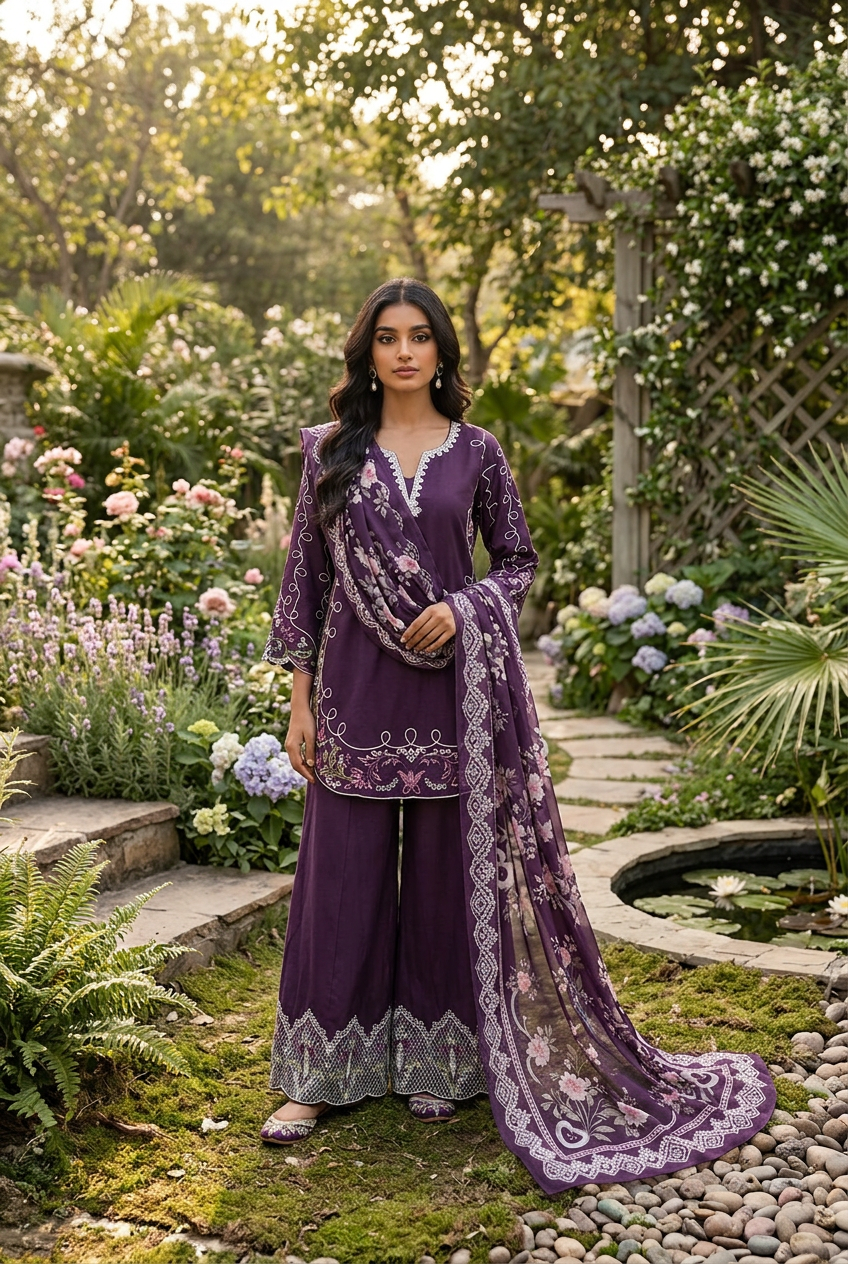 Purple embroidered suit styled in a garden