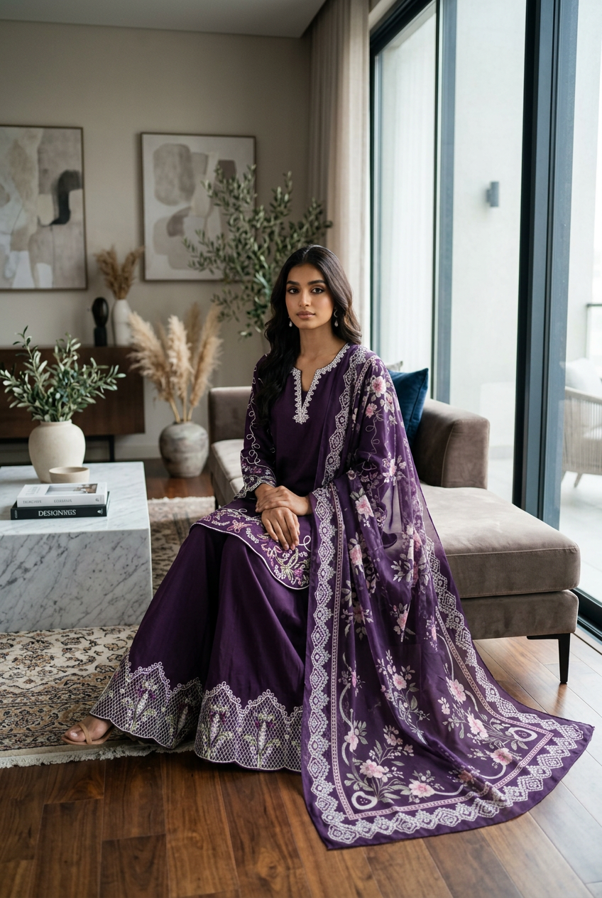 Purple embroidered suit styled in an indoor lounge