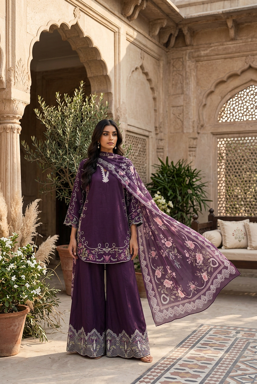 Purple embroidered suit styled in a sandstone courtyard