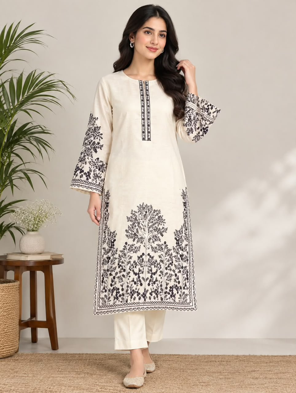Model wearing an off-white kurta with blue botanical embroidery and matching off-white trousers