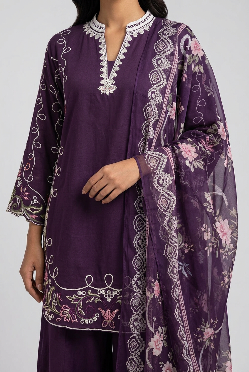 Detail view of purple suit embroidery and floral dupatta