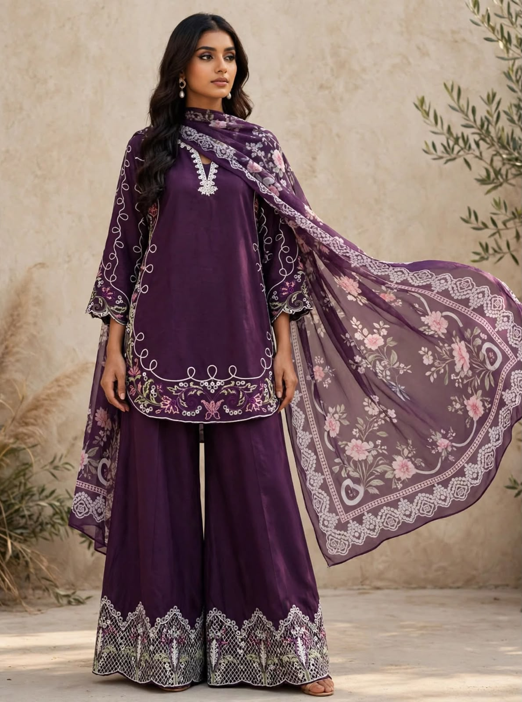 Purple embroidered three-piece stitched suit with floral dupatta