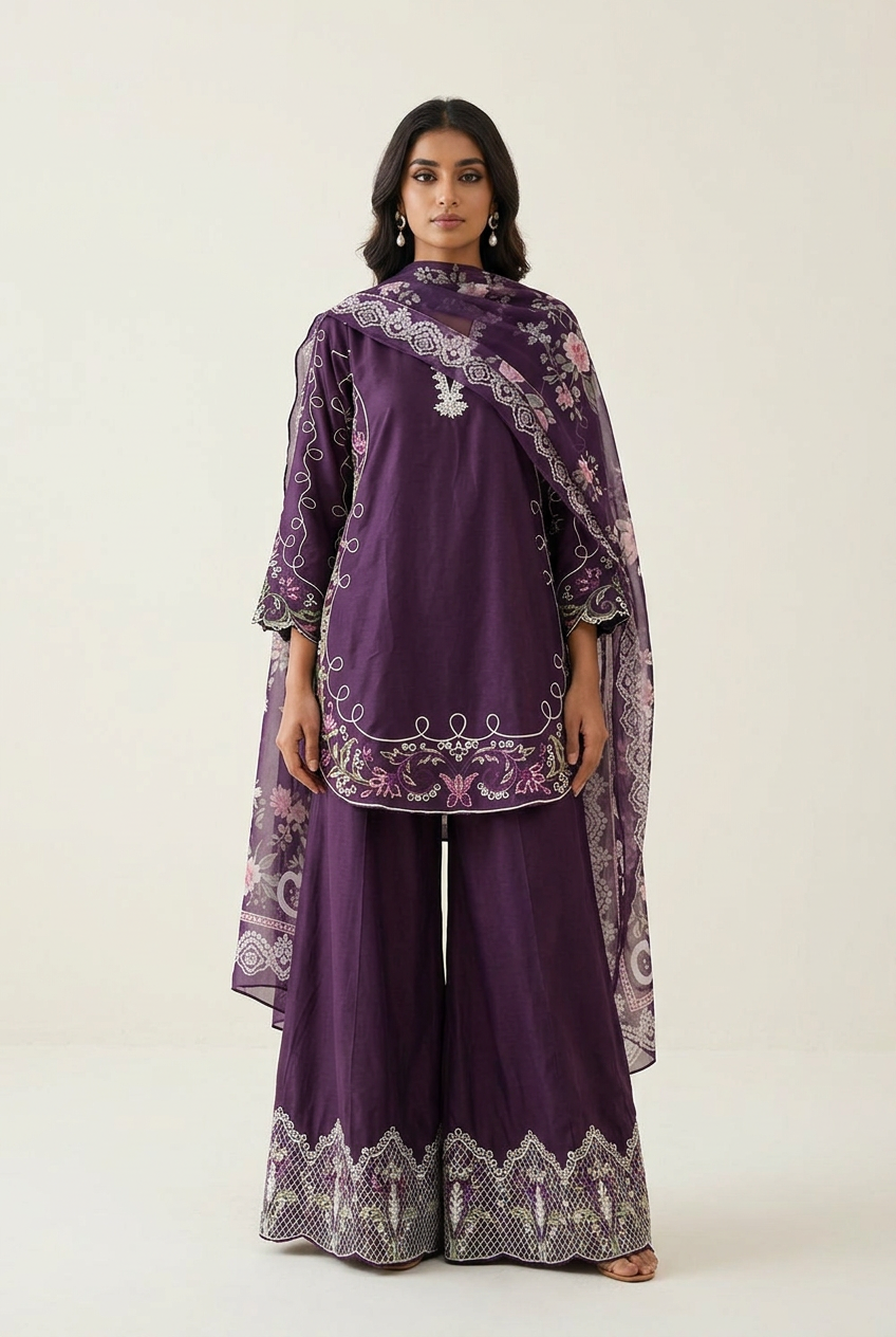 Purple embroidered suit styled in an ivory studio