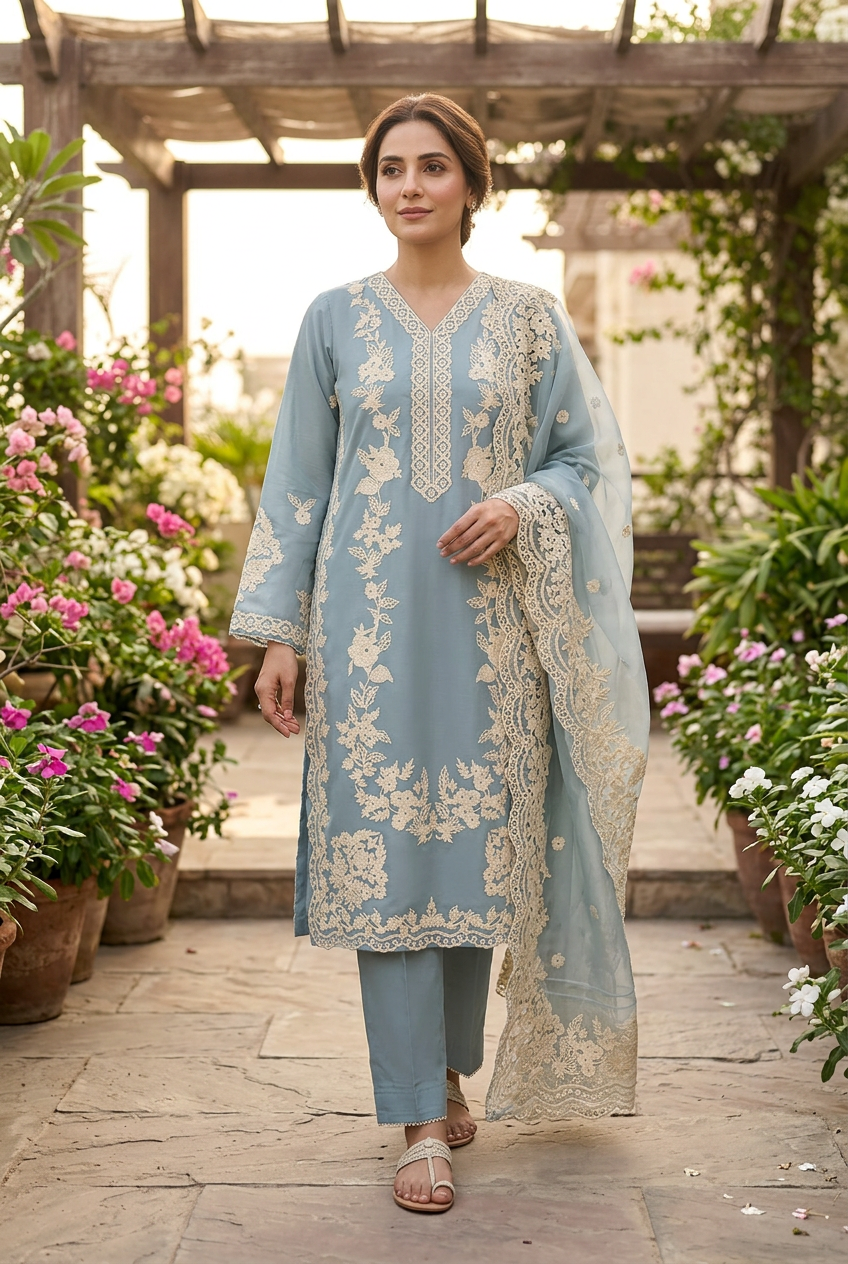 AI-modelled garden view of dusty blue embroidered suit