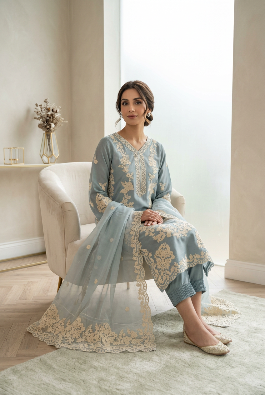 AI-modelled seated view of dusty blue embroidered suit