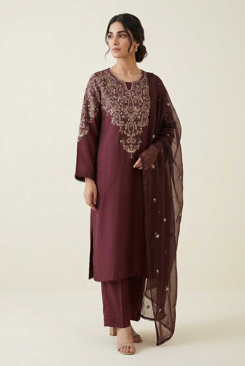 Model wearing the burgundy embroidered three-piece suit