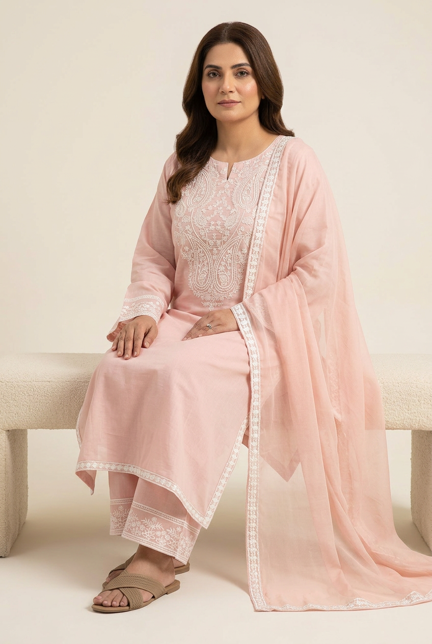 Seated model wearing the blush pink three-piece suit
