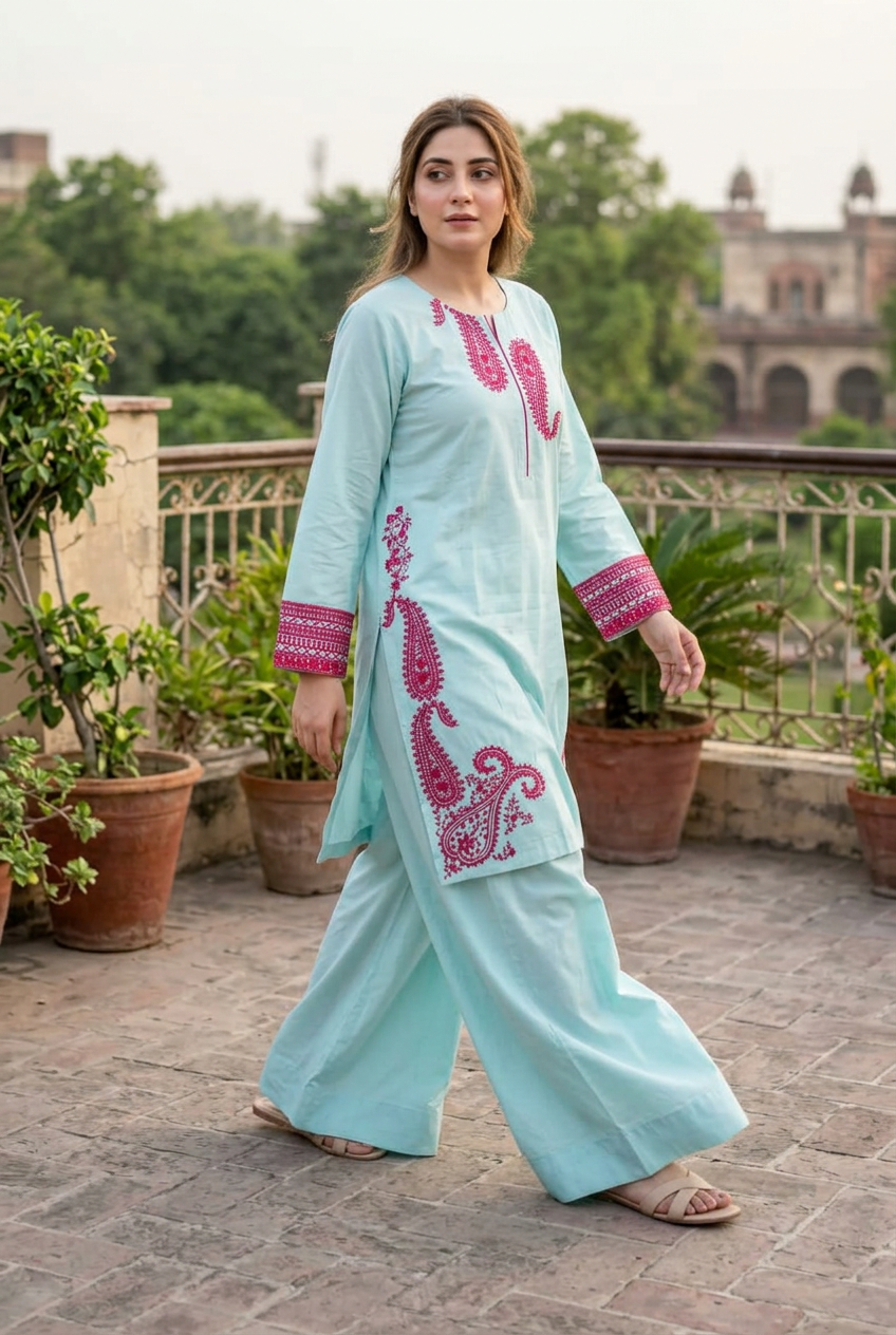 Walking look with wide-leg trousers